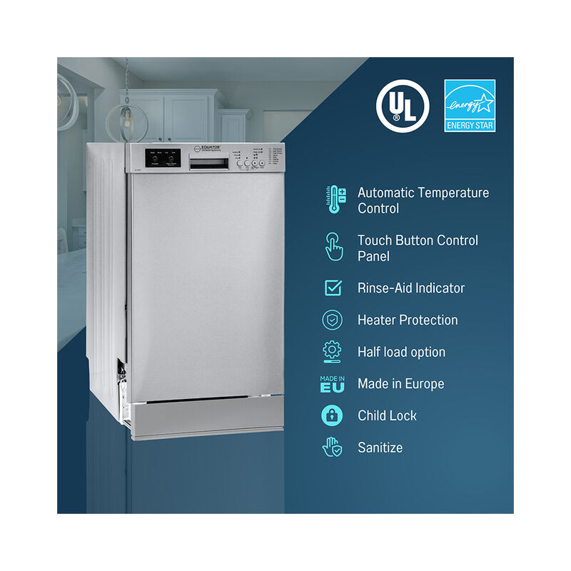 Equator 18" Built in Dishwasher 10 Place Setting 8 Wash programs half Load Sensor Wash 110V Energy Star Rated in Stainless image number 8