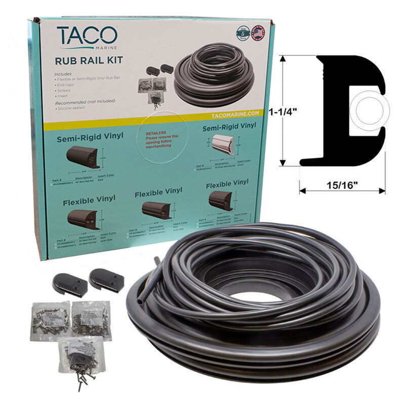 TACO Marine Flexible Rub Rail Kit, 1-1/4" X 15/16", Black with Black Insert, 50 Feet image number 1