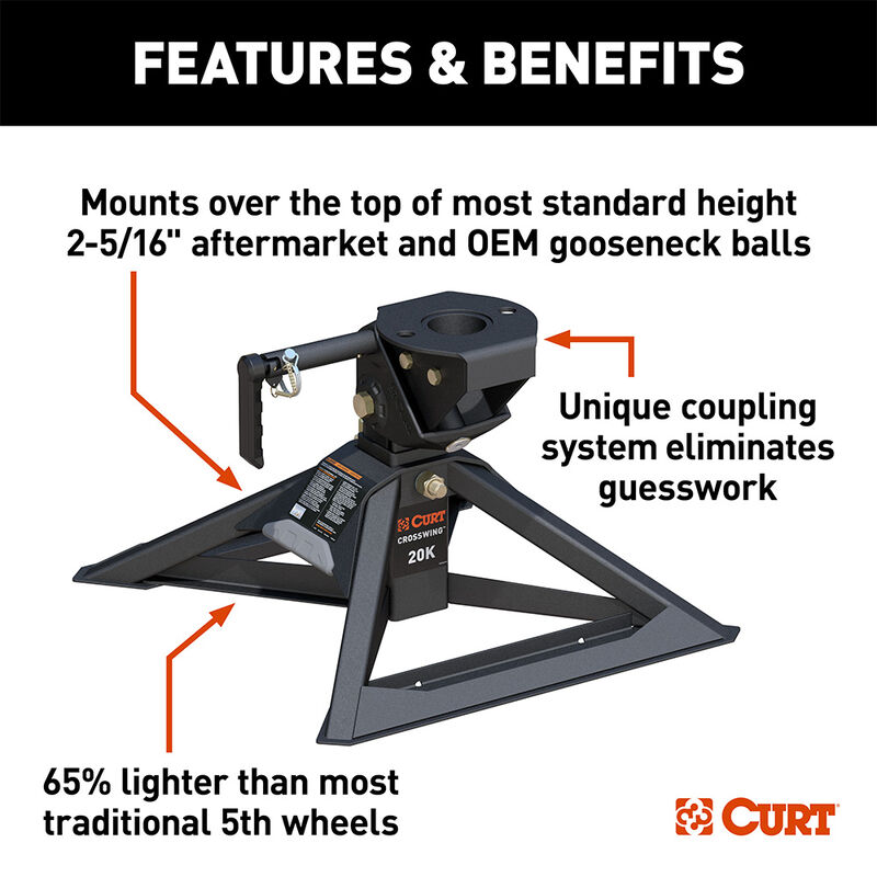 Curt 16602 Crosswing Lightweight 5th Wheel Hitch for Gooseneck Hitch, 20K image number 3
