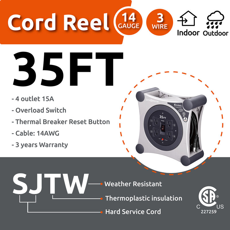 Link2Home Cord Reel 35' Extension Cord with 4 Power Outlets, Gray image number 4