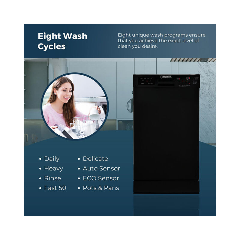 Equator 18" Built in Dishwasher 10 Place Setting 8 Wash programs half Load Sensor Wash 110V Energy Star Rated in Black image number 16