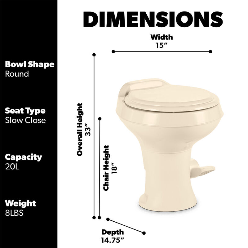 Dometic 310 Series Standard Height Gravity RV Toilet with Ceramic Bowl, Bone image number 5