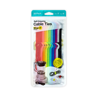 Wrap-It Self-Gripping Cable Ties, Assorted Colors 20-Pack
