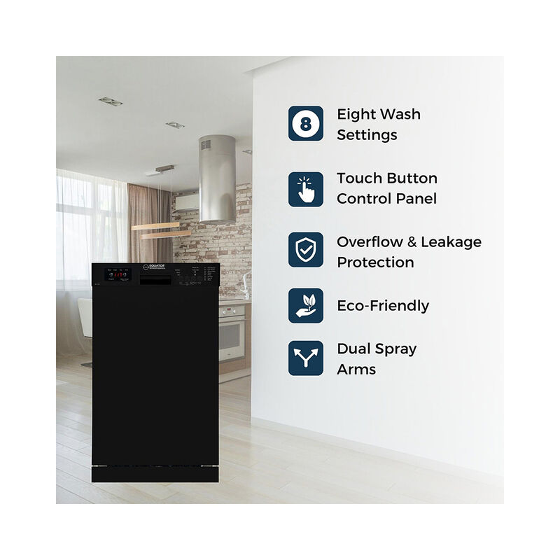 Equator 18" Built in Dishwasher 10 Place Setting 8 Wash programs half Load Sensor Wash 110V Energy Star Rated in Black image number 5