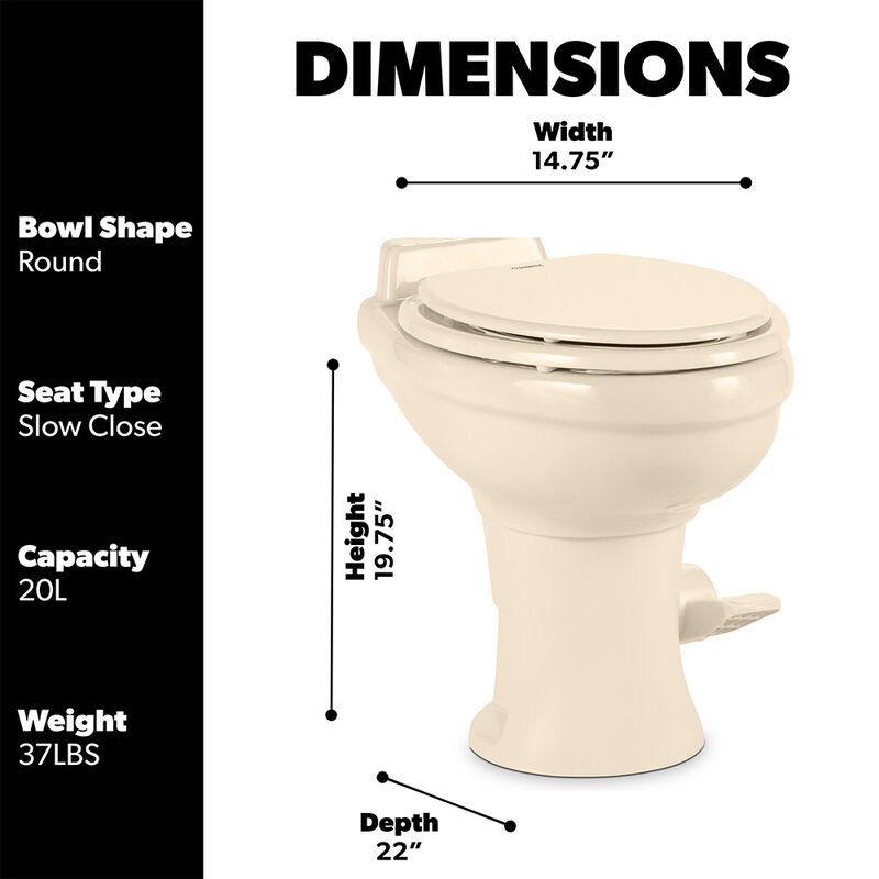 Dometic 320 Series Standard Height Gravity RV Toilet with Elongated Ceramic Bowl image number 4