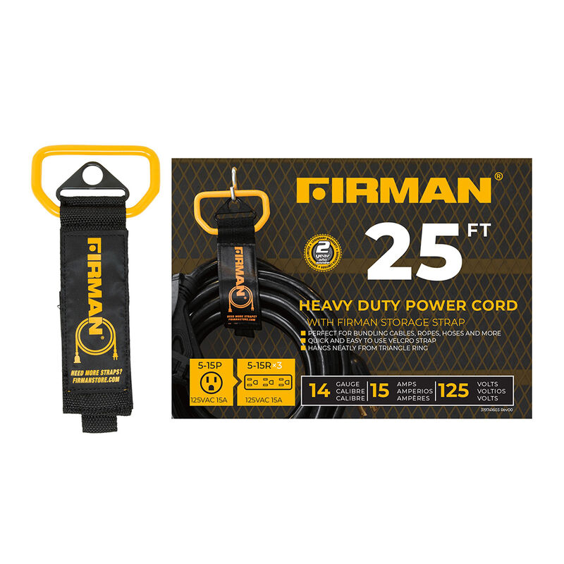 Medium Duty 5-15P to (3) 5-15R Generator Utility Power Cord With Storage Strap, 25 ft. image number 3