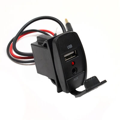 Dual Port Rocker Panel size with (1) USB Power port and (1) 3.5mm AUX input