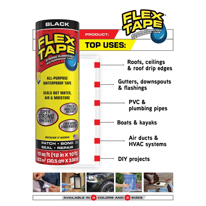 Flex Tape MAX Rubberized Waterproof Tape, 8" x 25' Roll, Black image number 5