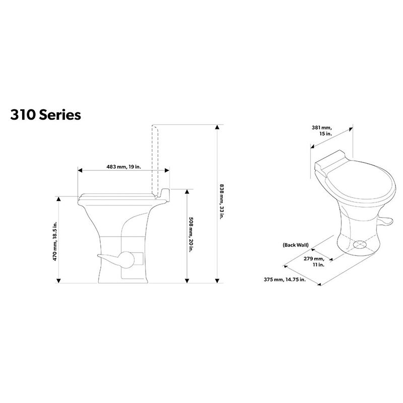Dometic 310 Series Standard Height Gravity RV Toilet with Ceramic Bowl, Bone image number 3