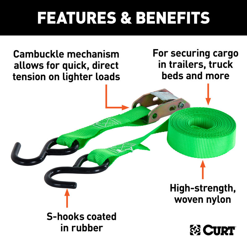 CURT 16' Dark Green Cargo Straps with S-Hooks, 300 lbs., 4-Pack image number 4