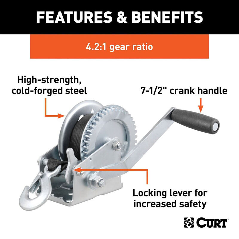 CURT 29435 1400-lb. Hand Crank Winch with 20' Strap image number 2