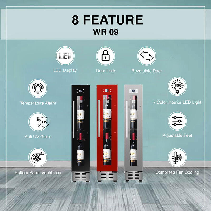 Equator 9-Bottle Wine Cooler Refrigerator w/7 LED Light Freestanding/Built, Single Temperature Reversible Door, Red image number 7