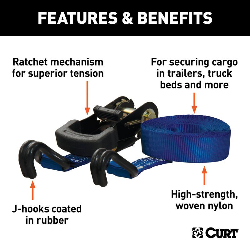 CURT 16' Blue Cargo Straps with J-Hooks, 733 lbs., 2-Pack image number 4
