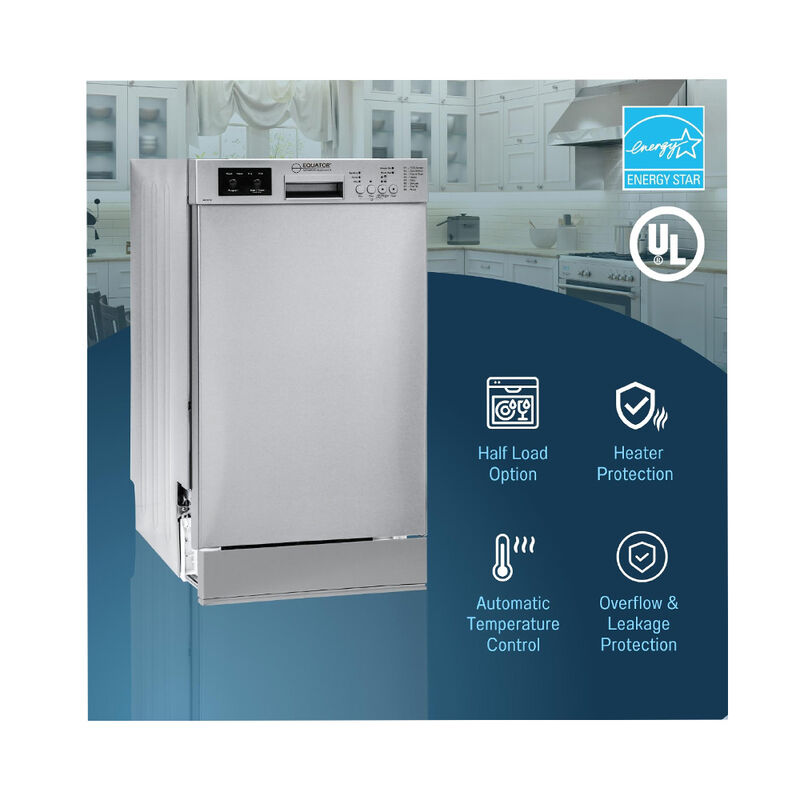 Equator 18" Built in Dishwasher 10 Place Setting 8 Wash programs half Load Sensor Wash 110V Energy Star Rated in Stainless image number 16
