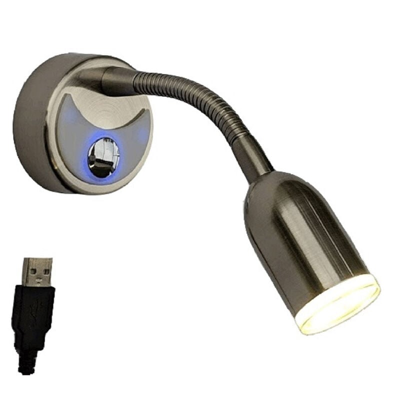 Flex USB Equipped 12 Volt LED Reading Light with Flexible Gooseneck, Satin Nickel and Blue Nightlight image number 1