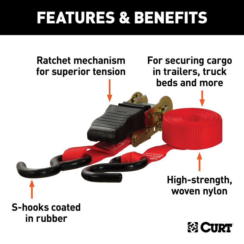 CURT 16' Red Cargo Straps with S-Hooks, 500 lbs., 4-Pack image number 4
