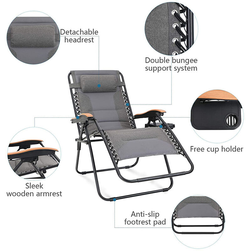 Padded Zero Gravity Chair XL with Wooden Pattern Armrest, Gray image number 3