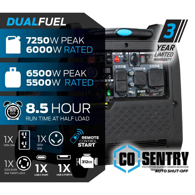 Pulsar 7,250-Watt Super Quiet Dual Fuel Inverter Generator with CO Alert and Remote Start image number 8