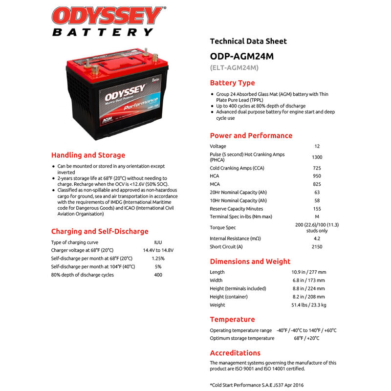 Odyssey ODP-AGM24M Marine Dual-Purpose Performance Battery image number 2