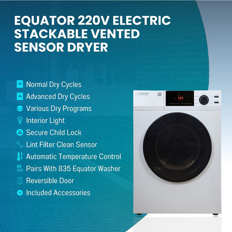 Equator ED 880 4 cu. ft. 220V Electric Stackable Vented Sensor Dryer, White image number 16